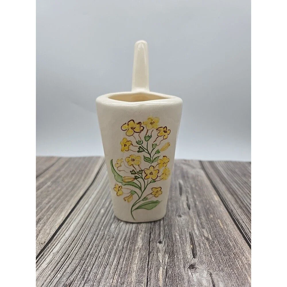 Beautiful Vintage Pottery Double Vase Utensil Holder Planter Floral Hand Painted